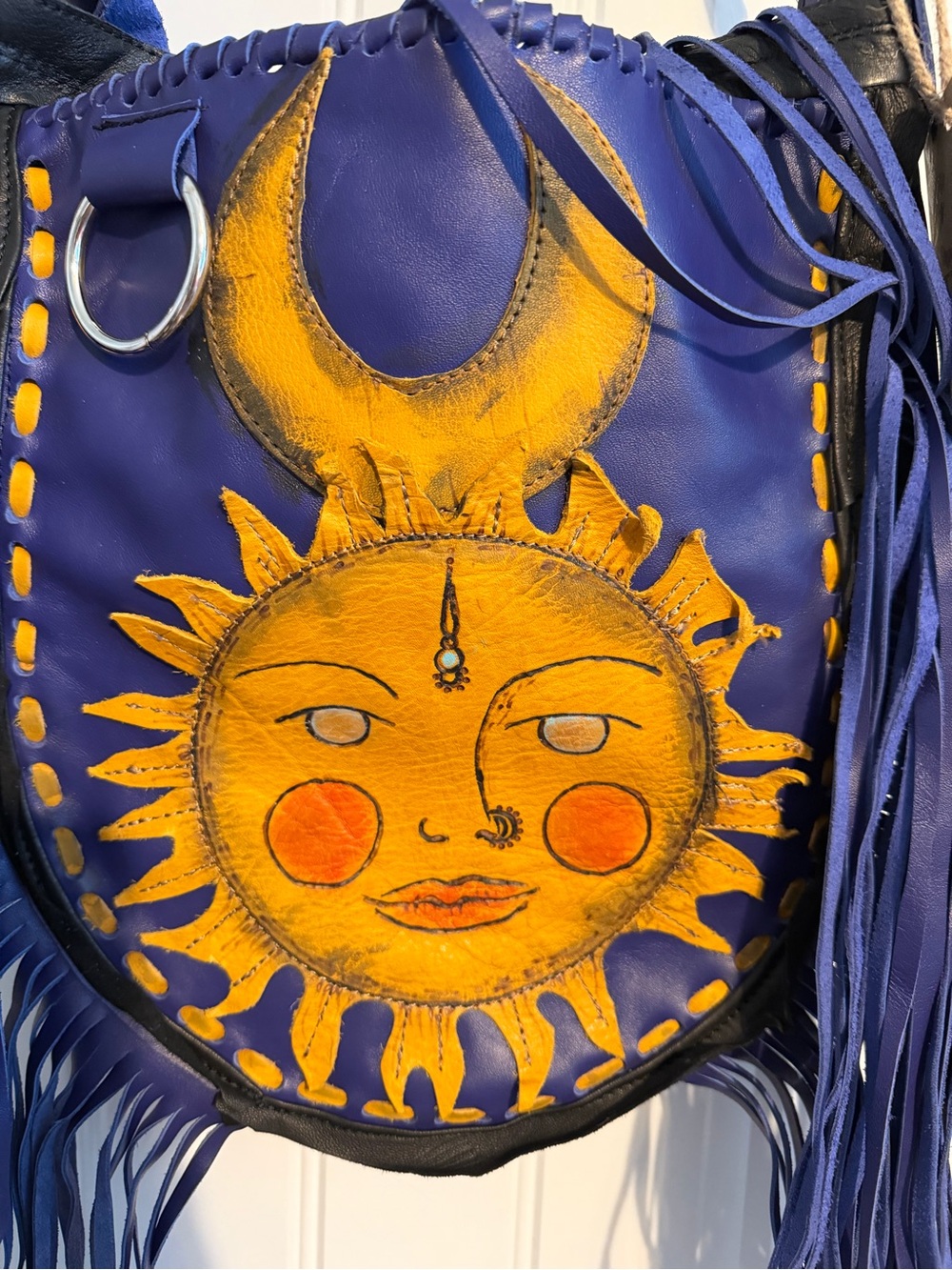Purple Leather Fringe Crossbody Bag with Sun & Moon Motif - Picture 8 of 11